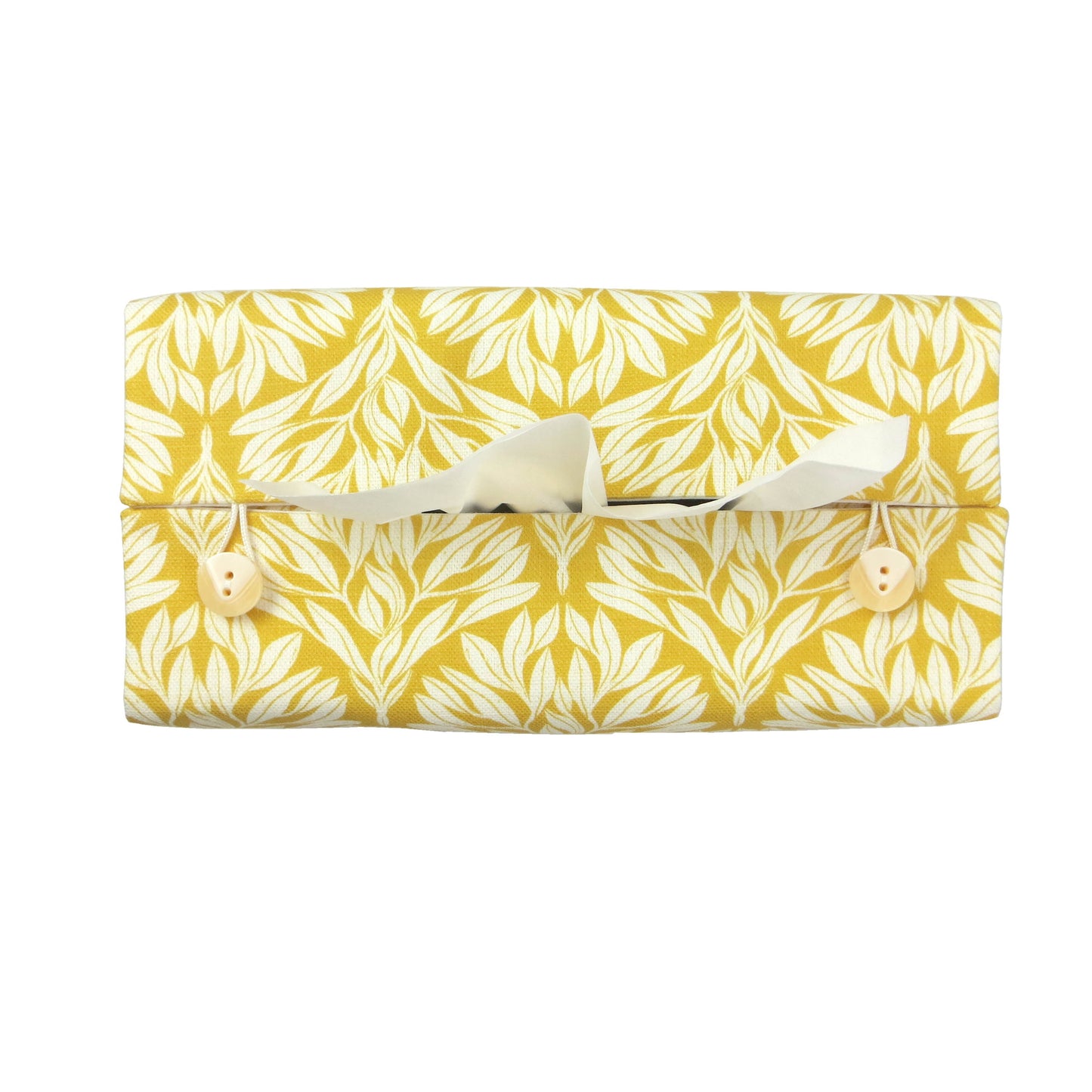 Linen rectangular tissue box cover with an off-white leaf design on a yellow background