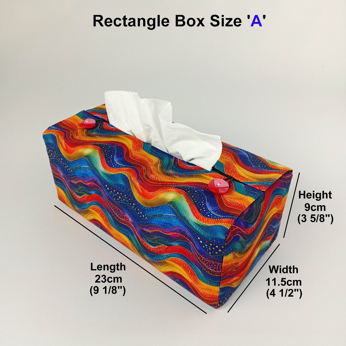 A colourful wave patterned rectangular tissue box with size details