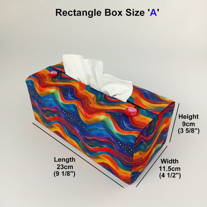 A colourful wave patterned rectangular tissue box with size details