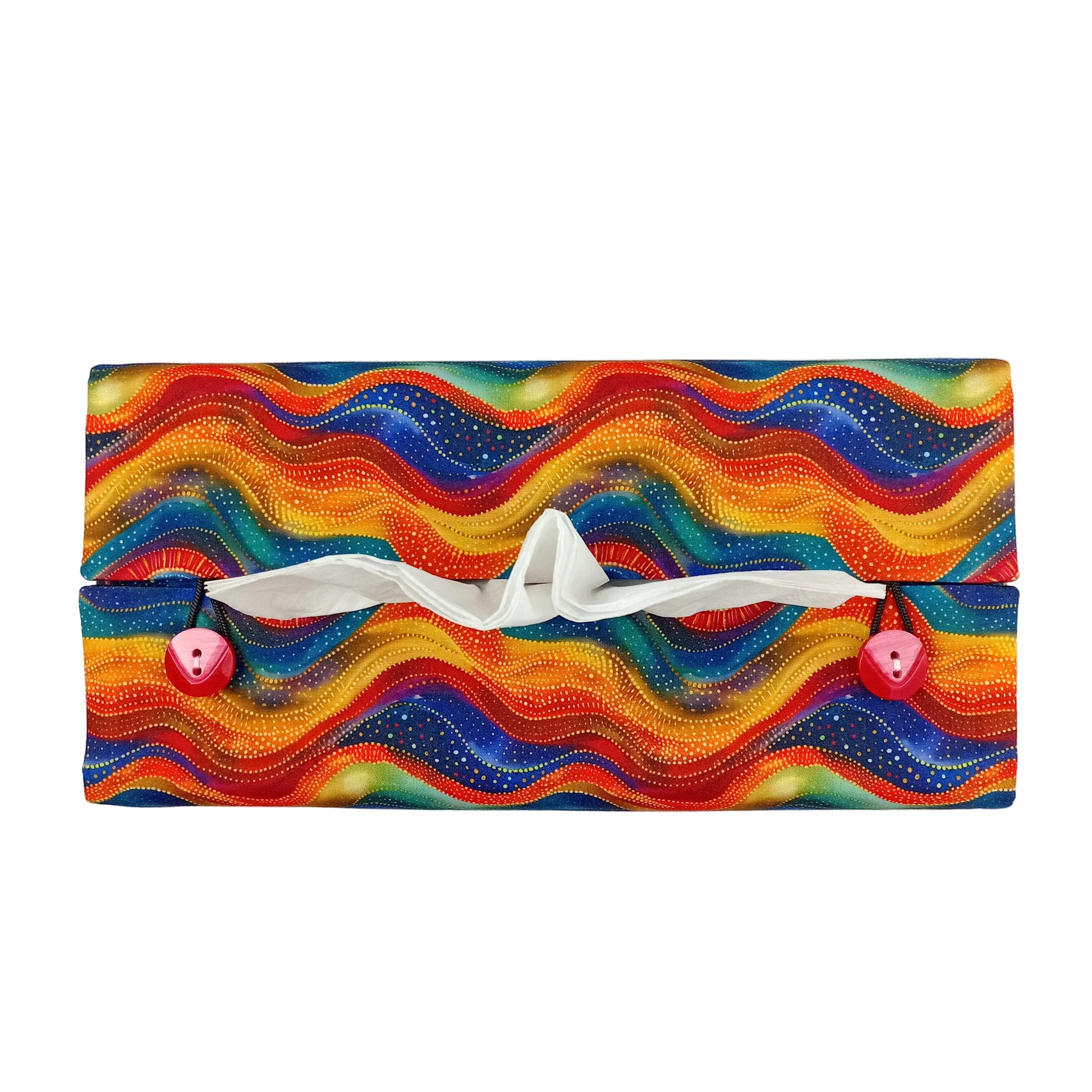 Top view of a colourful wave patterned rectangular tissue box with buttons