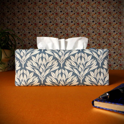 Rectangular Fabric Tissue Box Cover - Leaf Motif on Blue Linen