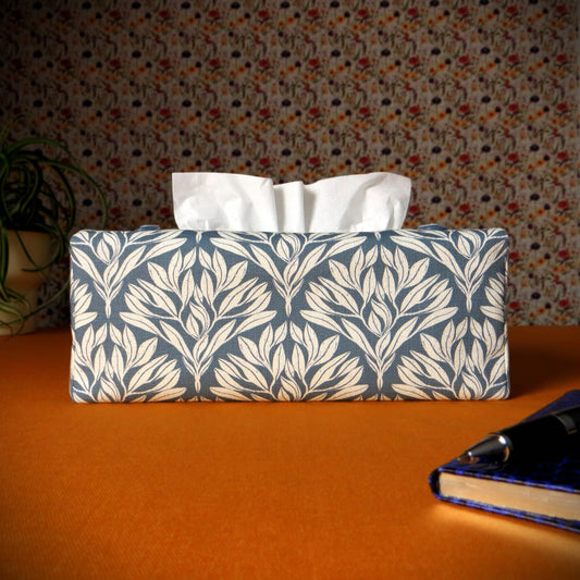 Rectangular Fabric Tissue Box Cover - Leaf Motif on Blue Linen