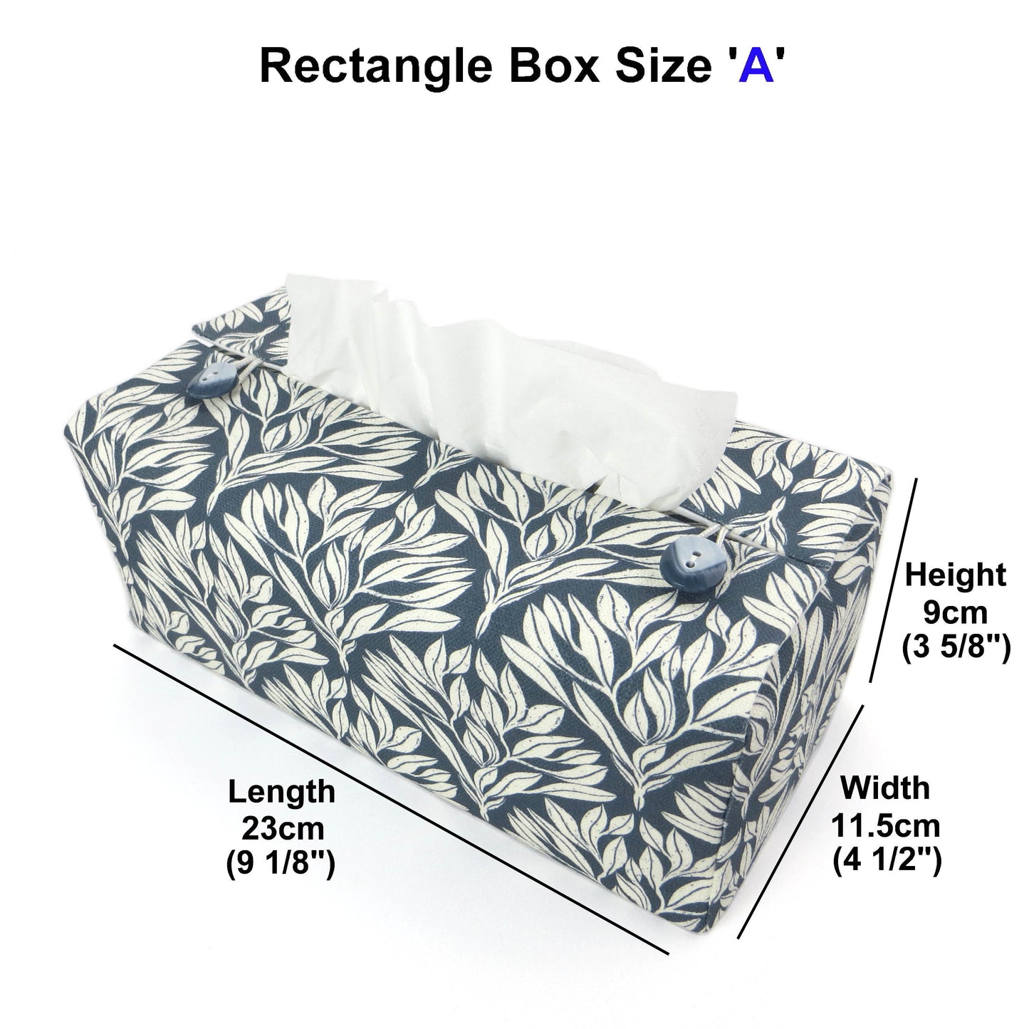 Linen rectangular tissue box cover with an off-white leaf pattern on a blue background