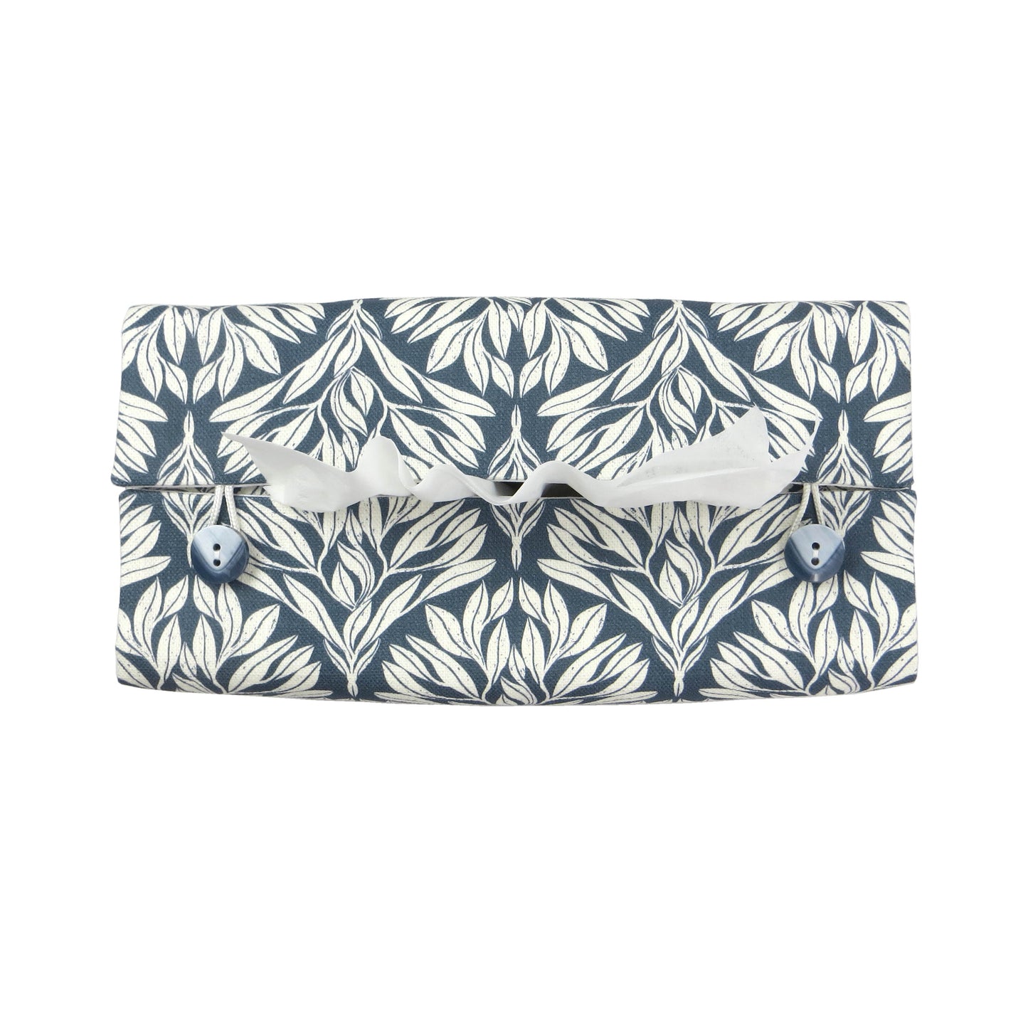 Linen rectangular tissue box cover with an off-white leaf pattern on a blue background