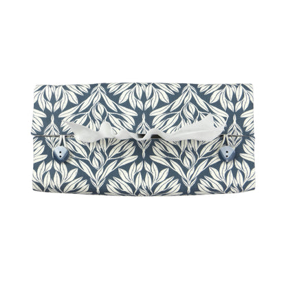 Linen rectangular tissue box cover with an off-white leaf pattern on a blue background