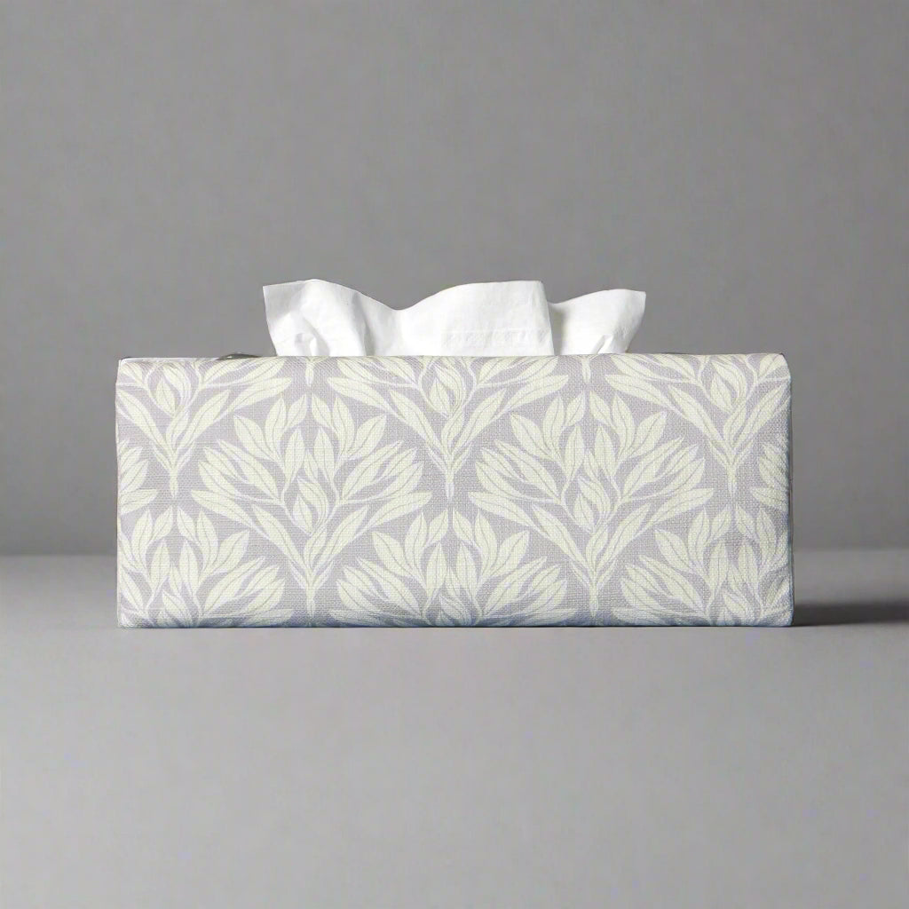 Linen rectangular tissue box cover with an off-white leaf pattern on a grey background