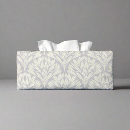 Linen rectangular tissue box cover with an off-white leaf pattern on a grey background