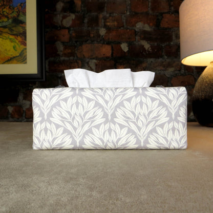 Linen rectangular tissue box cover with an off-white leaf pattern on a grey background