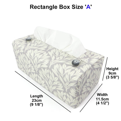 Linen rectangular tissue box cover with an off-white leaf pattern on a grey background
