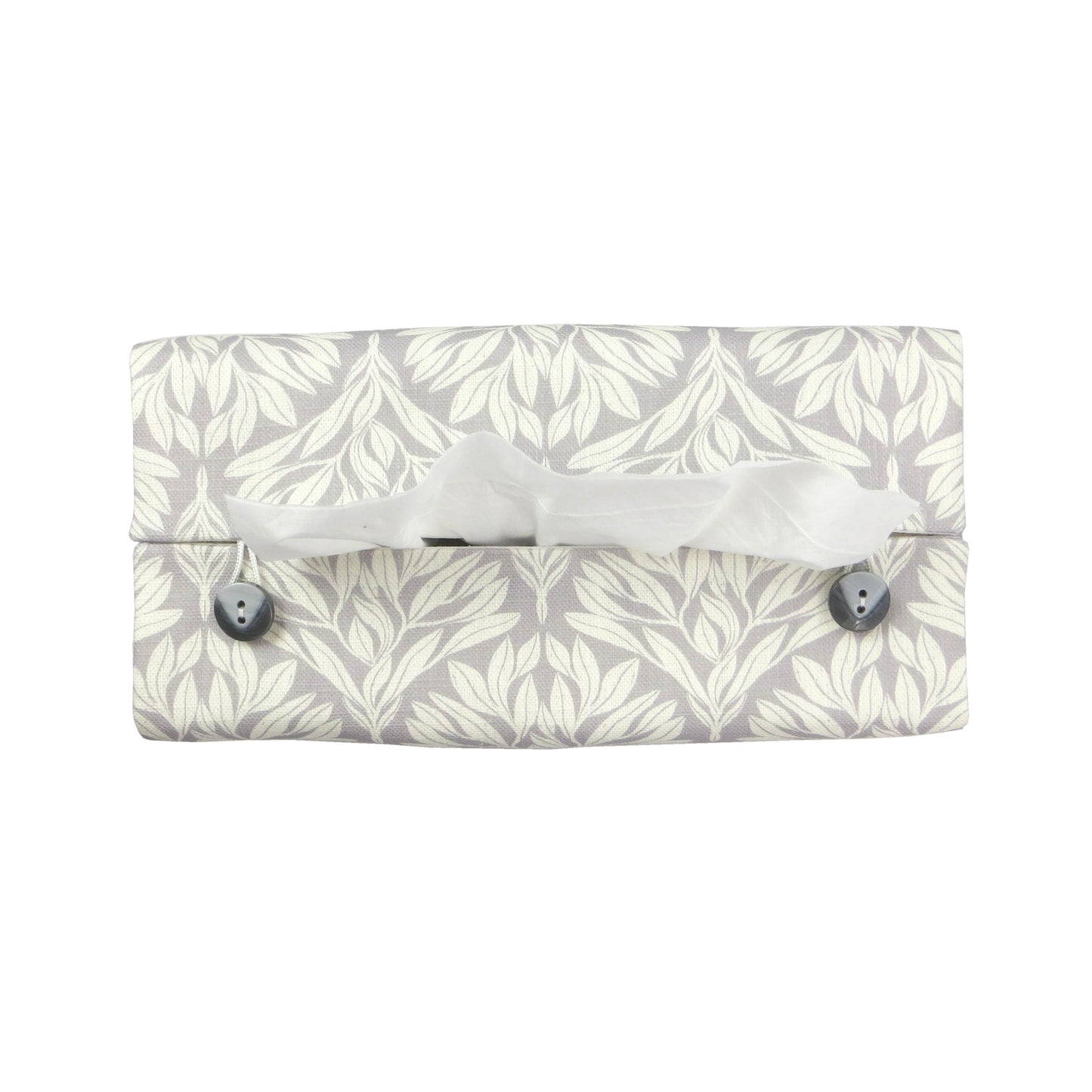 Linen rectangular tissue box cover with an off-white leaf pattern on a grey background