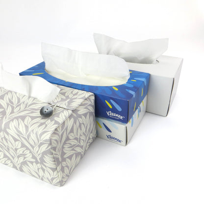 Linen rectangular tissue box cover with an off-white leaf pattern on a grey background