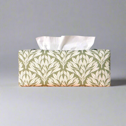 Linen rectangular tissue box cover with an off-white leaf pattern on a sage green background