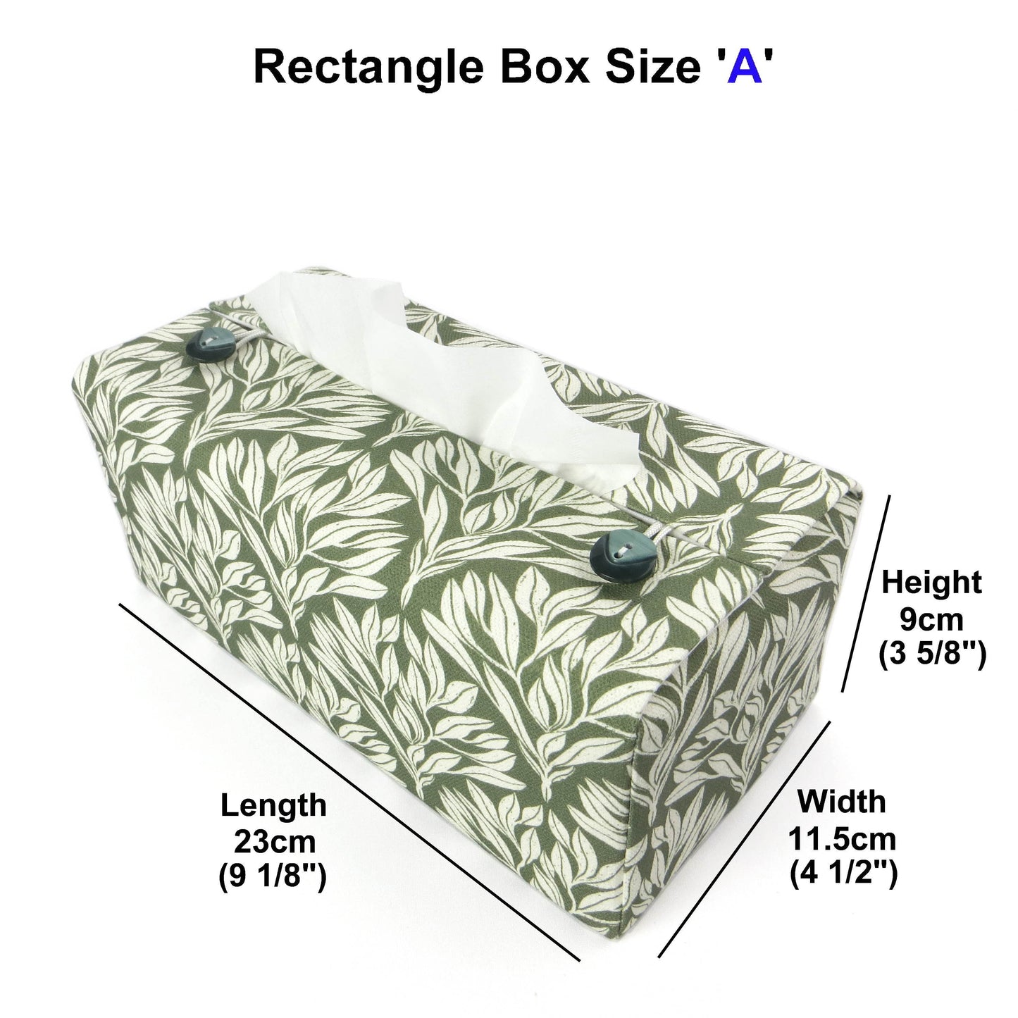 Linen rectangular tissue box cover with an off-white leaf pattern on a sage green background