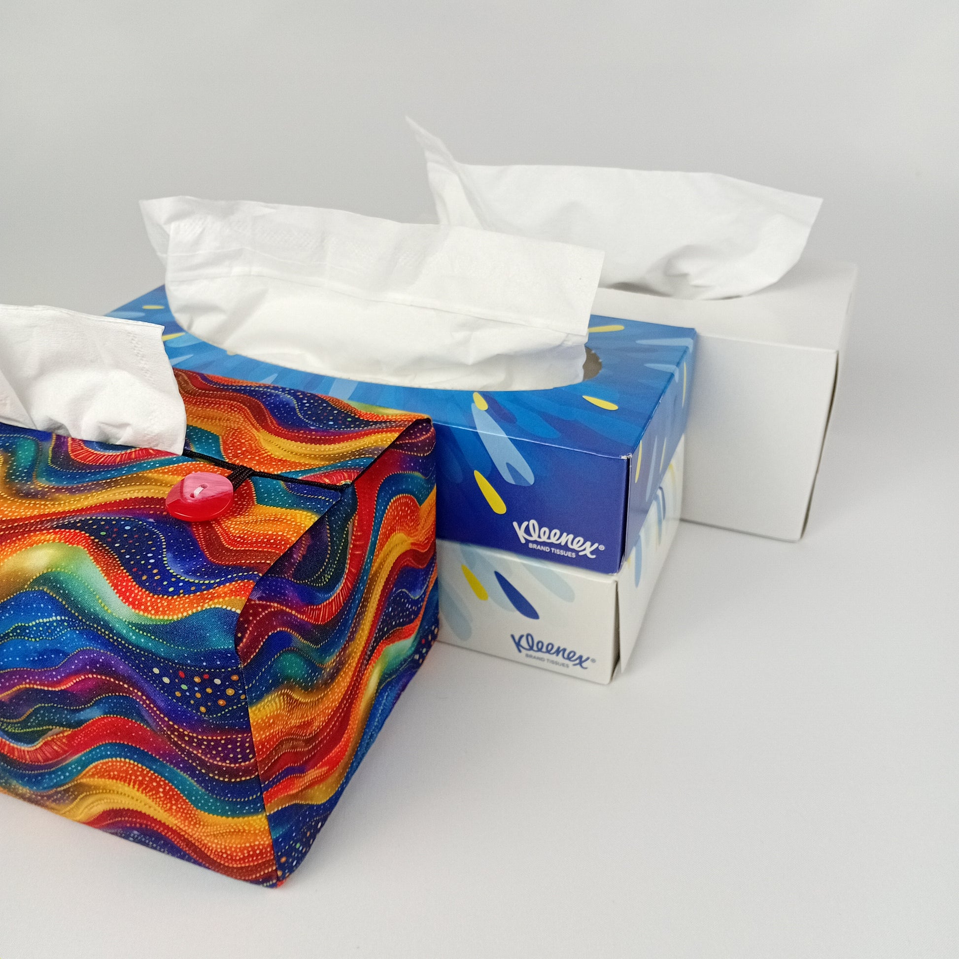 A colourful wave patterned rectangular tissue box cover with tissue box options