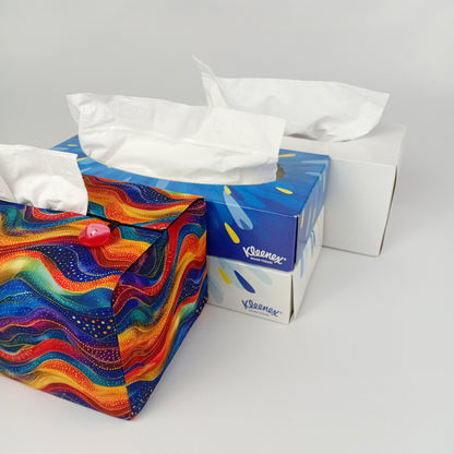 A colourful wave patterned rectangular tissue box cover with tissue box options