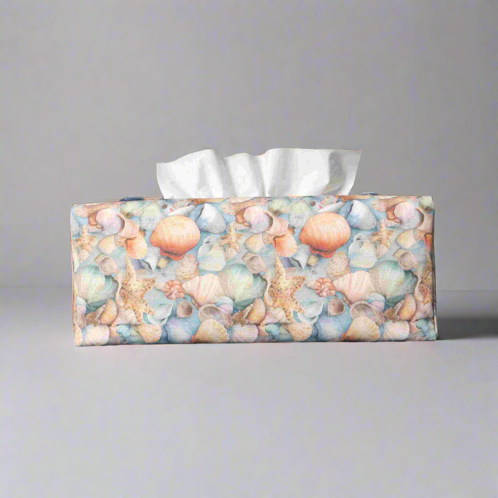 Cotton rectangle tissue box cover with pastel seashells on a soft blue background