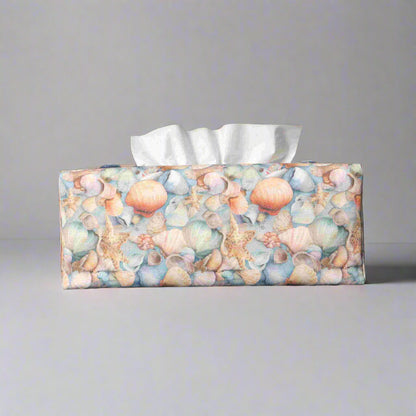 Cotton rectangle tissue box cover with pastel seashells on a soft blue background