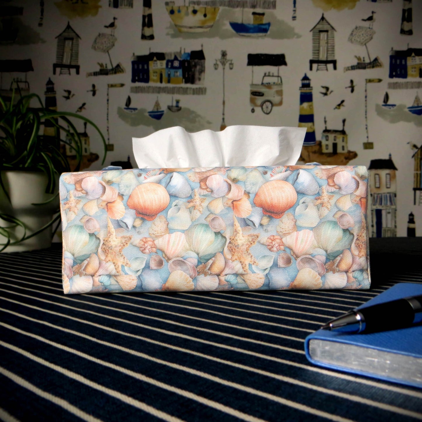 Rectangular Fabric Tissue Box Cover - Seaside Seashells