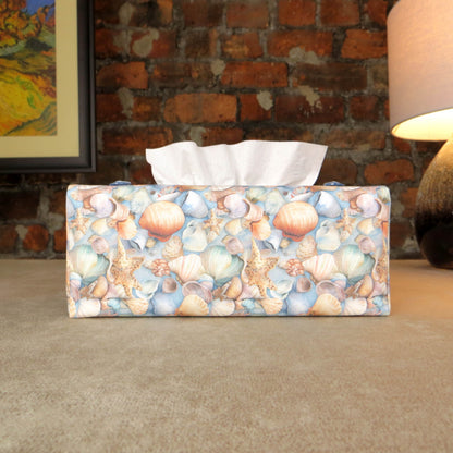 Cotton rectangle tissue box cover with pastel seashells on a soft blue background