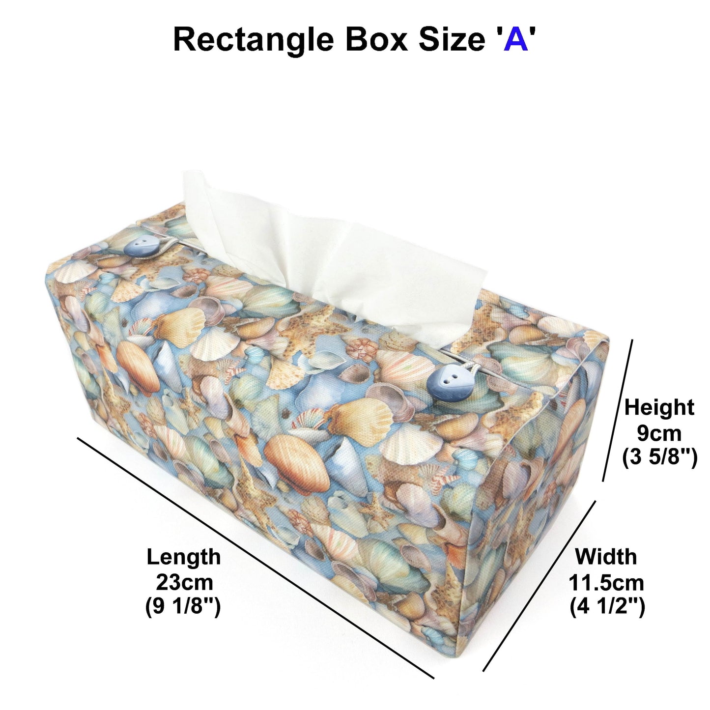 Cotton rectangle tissue box cover with pastel seashells on a soft blue background