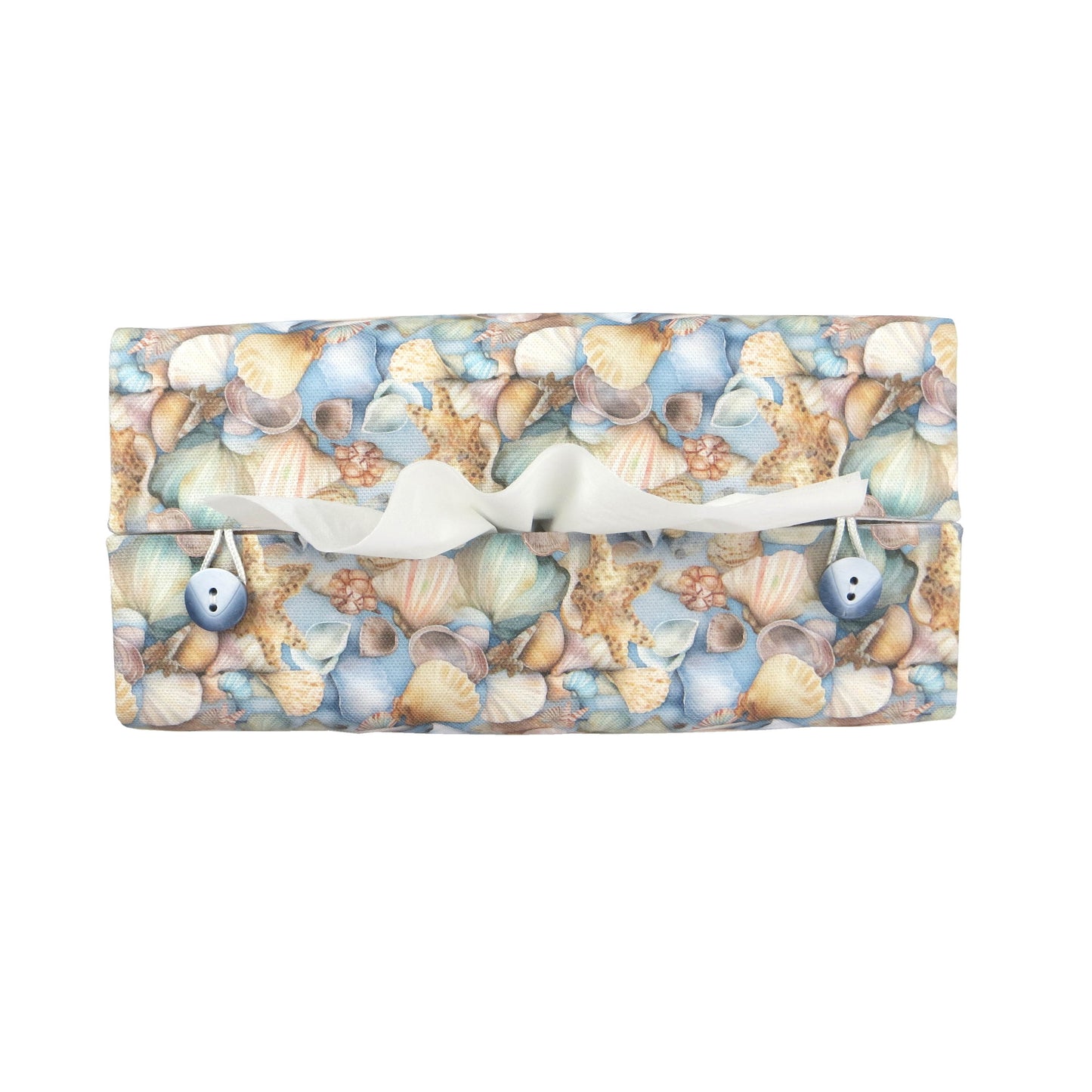Cotton rectangle tissue box cover with pastel seashells on a soft blue background