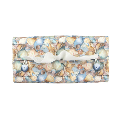 Cotton rectangle tissue box cover with pastel seashells on a soft blue background