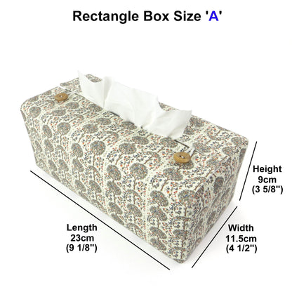 Linen rectangle tissue box cover with  a mini orchard grove pattern