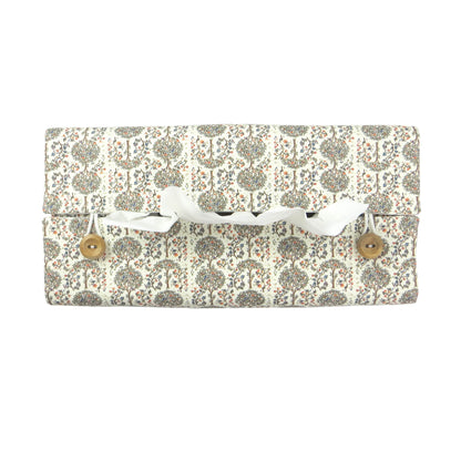 Linen rectangle tissue box cover with  a mini orchard grove pattern