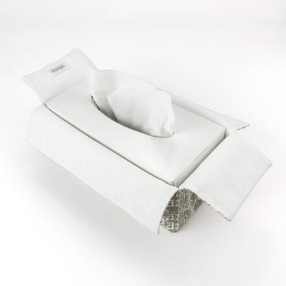 Linen rectangle tissue box cover with  a mini orchard grove pattern