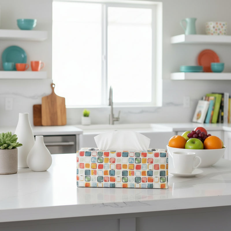 Cotton rectangle tissue box cover sitting on a countertop in a contemporary home kitchen