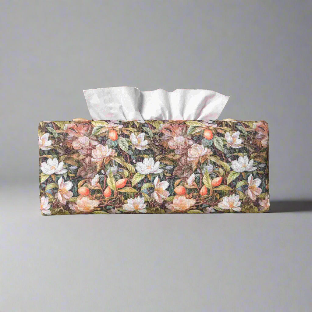 Linen rectangle tissue box cover with floral forest design