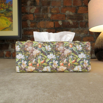 Linen rectangle tissue box cover with floral forest design