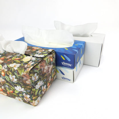 Linen rectangle tissue box cover with floral forest design