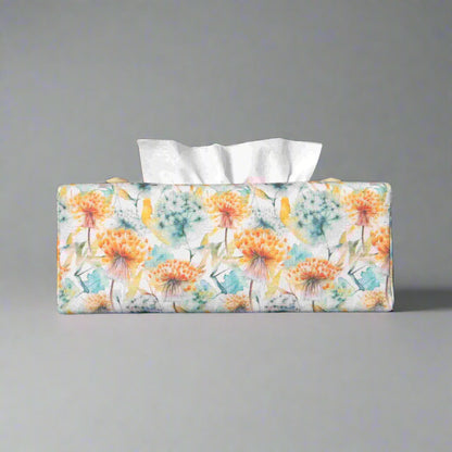 Linen rectangular tissue box cover with watercolour-style dandelion design in yellow and blue