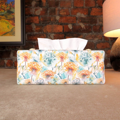 Linen rectangular tissue box cover with watercolour-style dandelion design in yellow and blue
