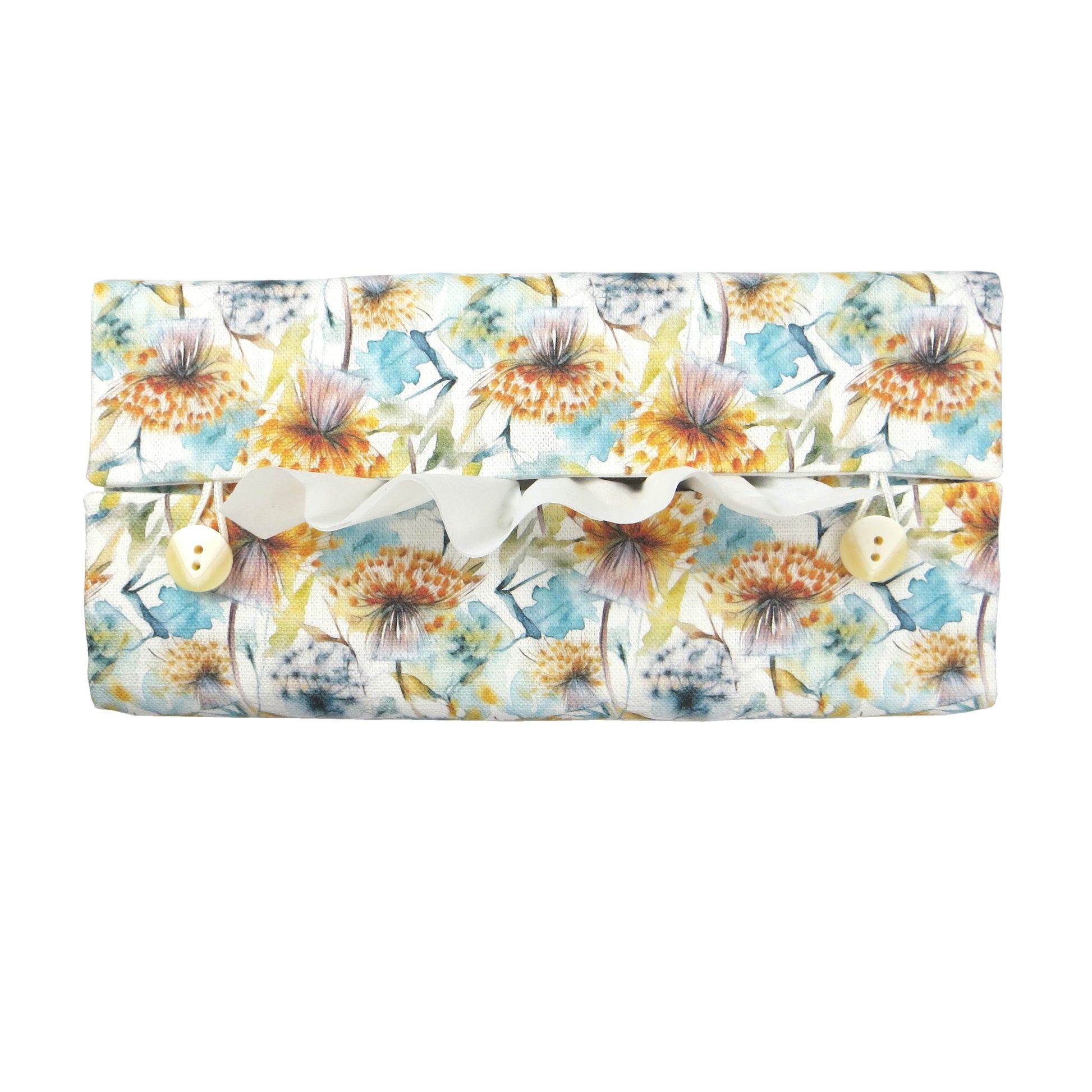 Linen rectangular tissue box cover with watercolour-style dandelion design in yellow and blue