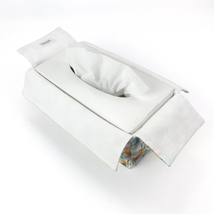 Linen rectangular tissue box cover with watercolour-style dandelion design in yellow and blue