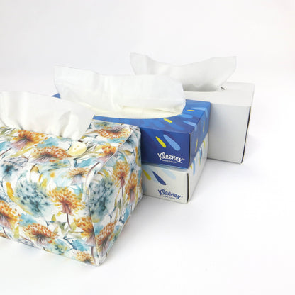 Linen rectangular tissue box cover with watercolour-style dandelion design in yellow and blue