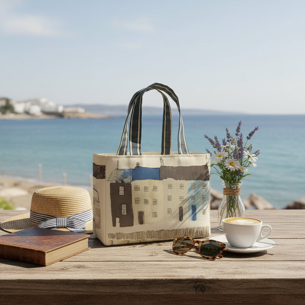 A handmade cotton mini tote bag with seaside and beach themes on an outdoor table by the sea