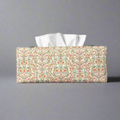 Linen rectangle tissue box cover with green vines with red and blue blossoms