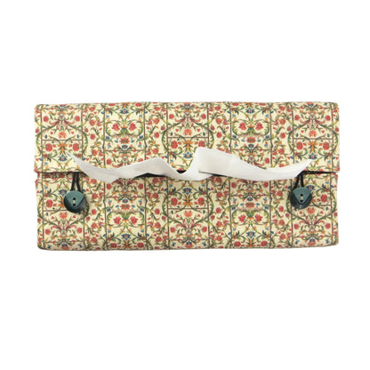 Linen rectangle tissue box cover with green vines with red and blue blossoms