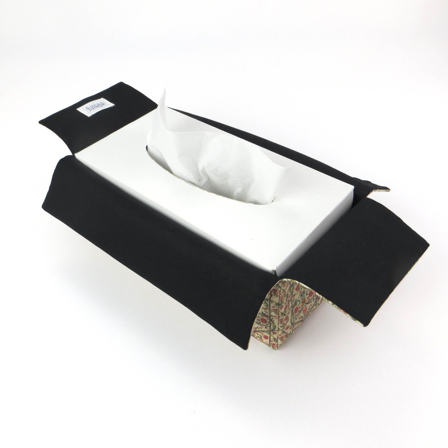 Linen rectangle tissue box cover with green vines with red and blue blossoms