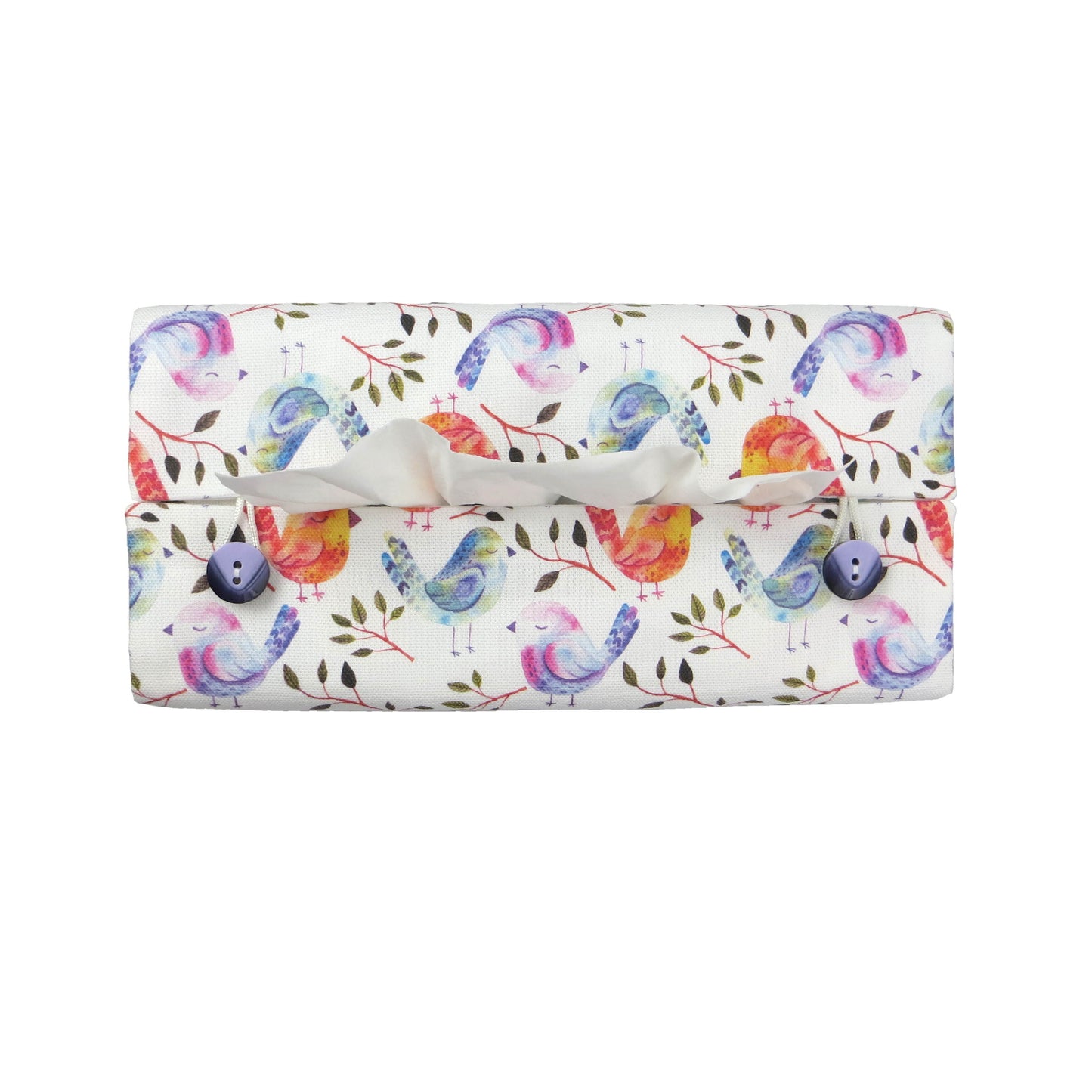 Cotton rectangle tissue box cover with watercolour style blue, purple, and orange sleeping birds on white background