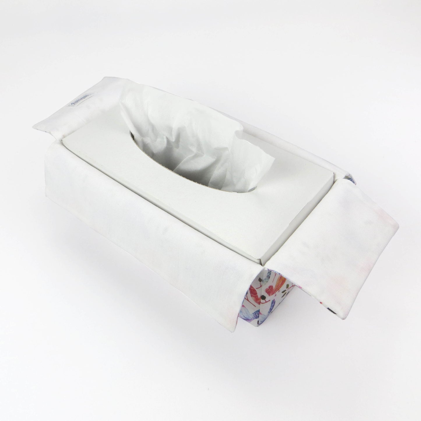 Cotton rectangle tissue box cover with watercolour style blue, purple, and orange sleeping birds on white background