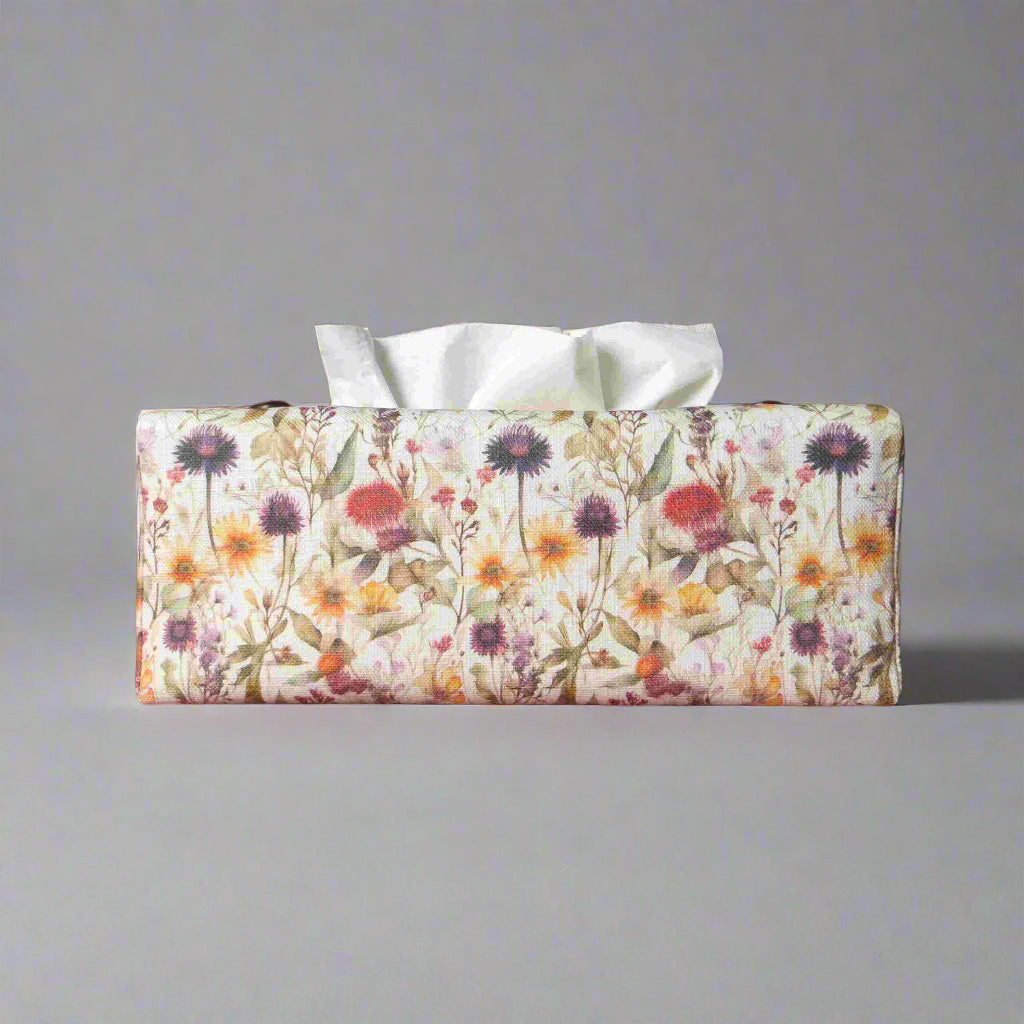 Linen rectangular tissue box cover with  colourful wildflowers in a watercolour-style design