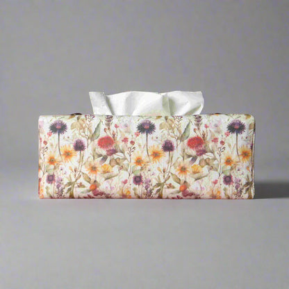 Linen rectangular tissue box cover with  colourful wildflowers in a watercolour-style design