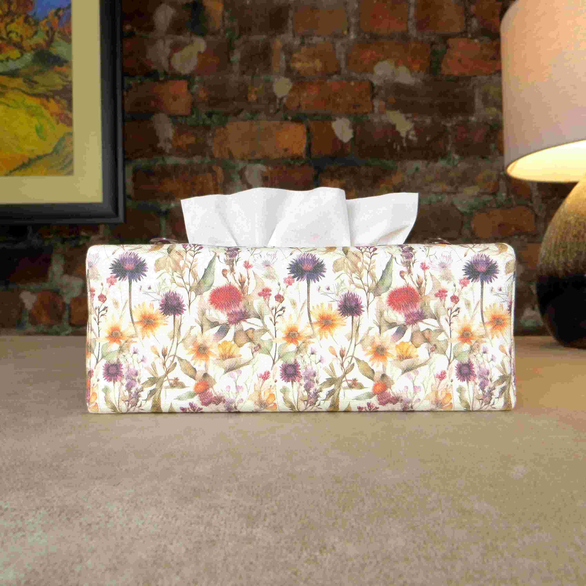 Linen rectangular tissue box cover with  colourful wildflowers in a watercolour-style design