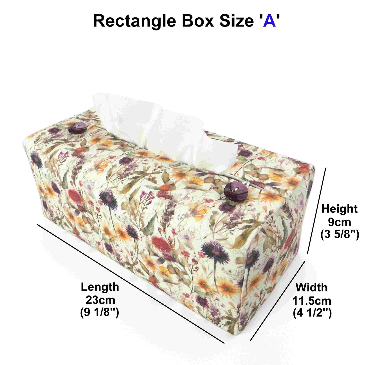 Linen rectangular tissue box cover with  colourful wildflowers in a watercolour-style design