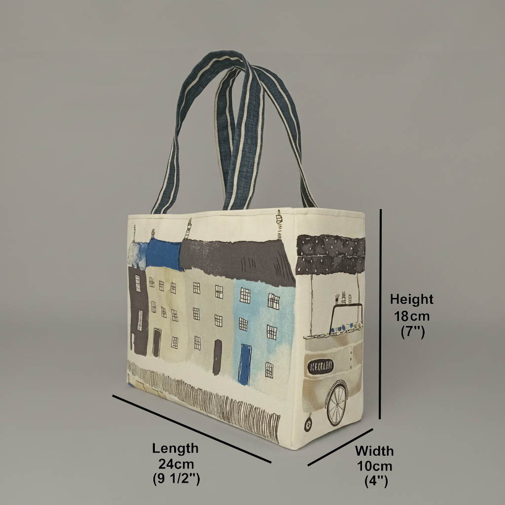 A handmade cotton mini tote bag with seaside themed illustrations and product measurements.