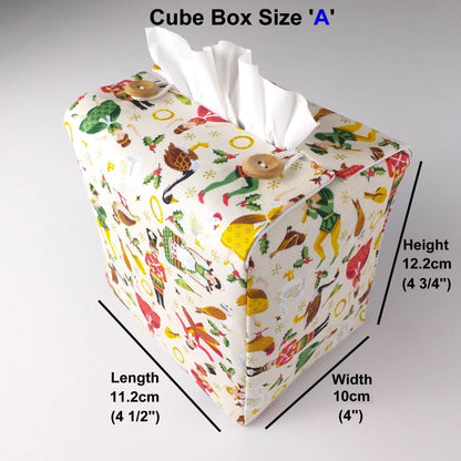 Square tissue box cover with product details